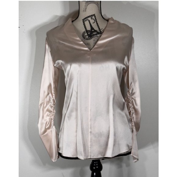 Lewit Satin V-Neck Ruched Silk Blouse, Shell Pink Women's Size XS - Picture 2 of 6
